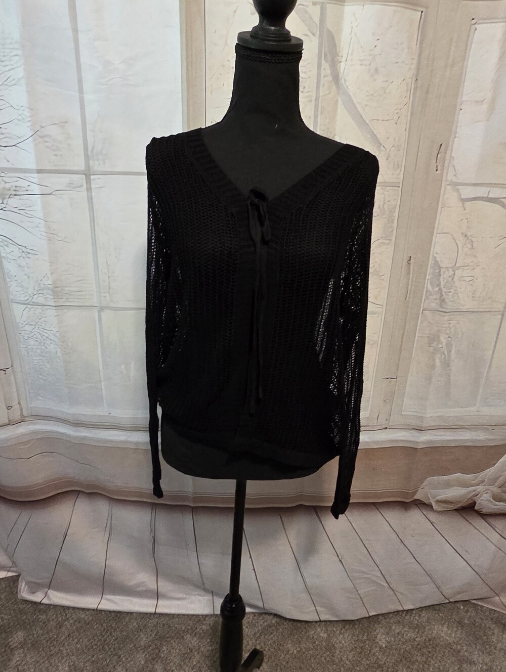 Black Lightweight Open-Knit Women's Sweater with Tie Front